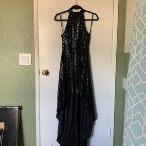 Windsor Black Sequin High to Low Hem with High Collar Neckline